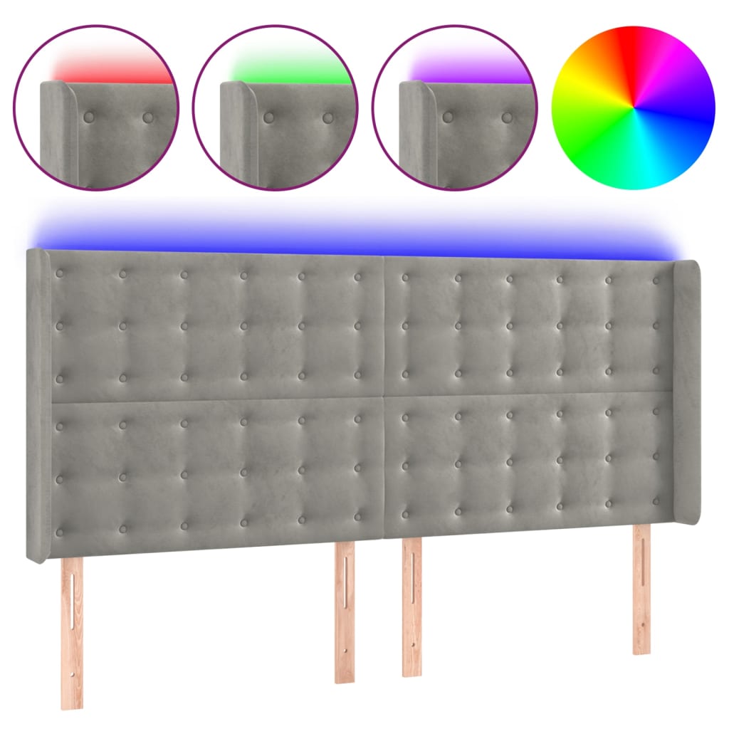 vidaXL Čelo postele s LED světle šedé 183 x 16 x 118/128 cm samet