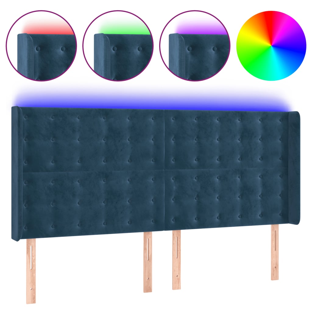 vidaXL Čelo postele s LED tmavě modré 183 x 16 x 118/128 cm samet