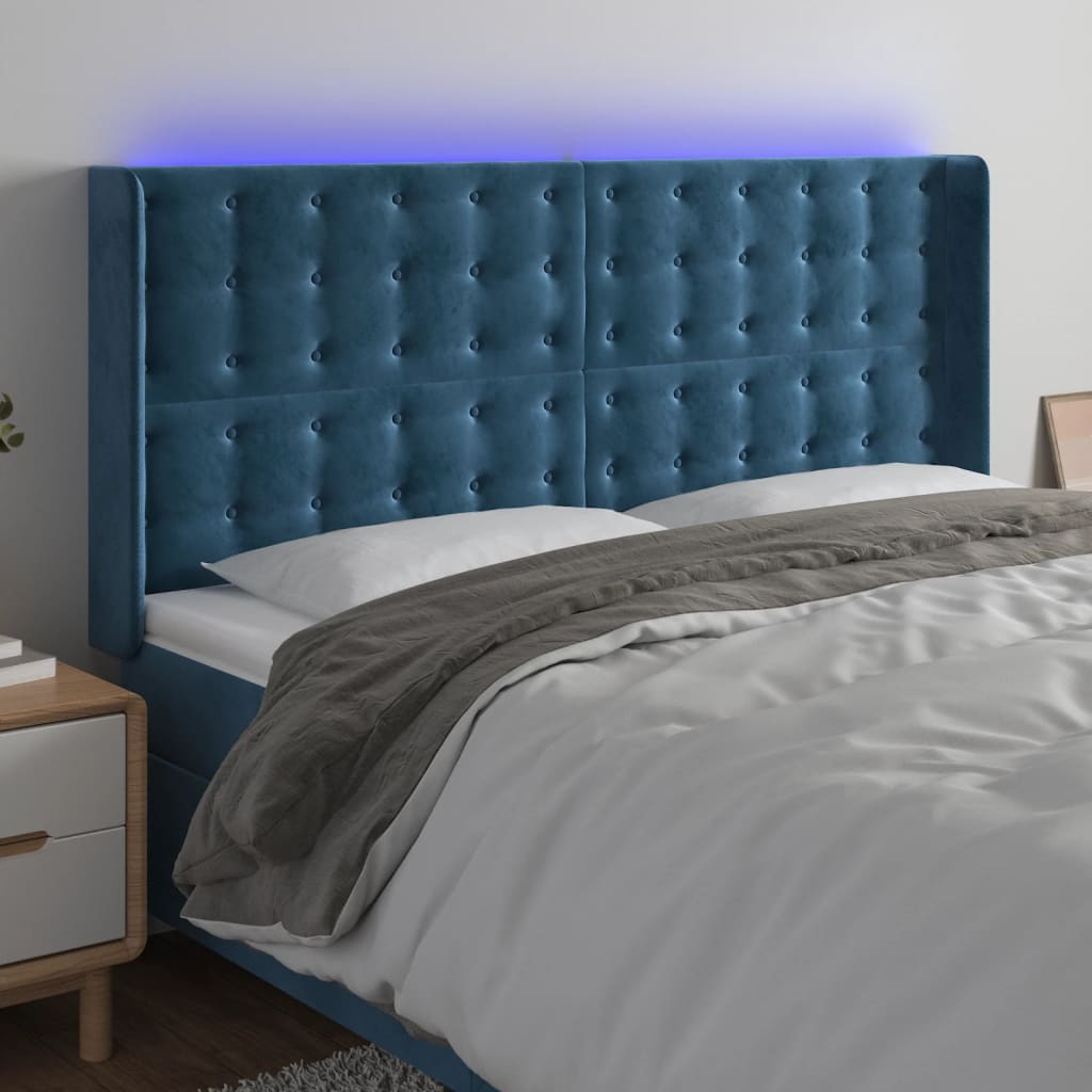 vidaXL Tăblie de pat cu LED, albastru închis, 183x16x118/128cm catifea