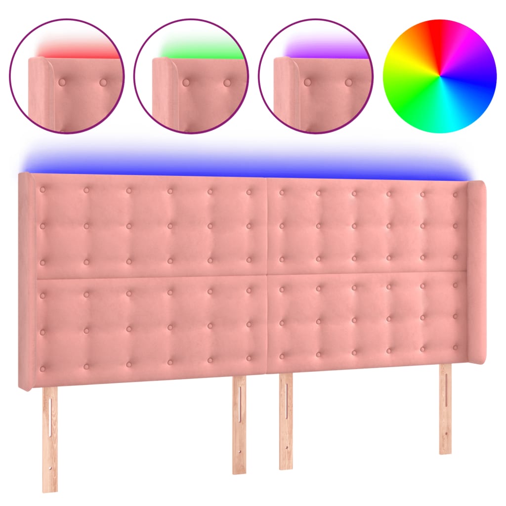 vidaXL Čelo postele s LED růžové 183 x 16 x 118/128 cm samet