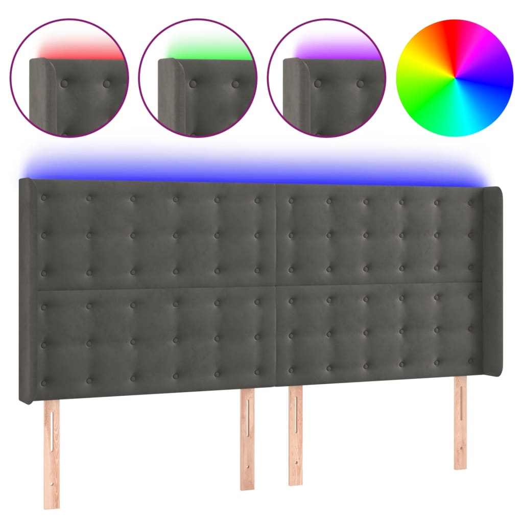 vidaXL Čelo postele s LED tmavě šedé 203 x 16 x 118/128 cm samet