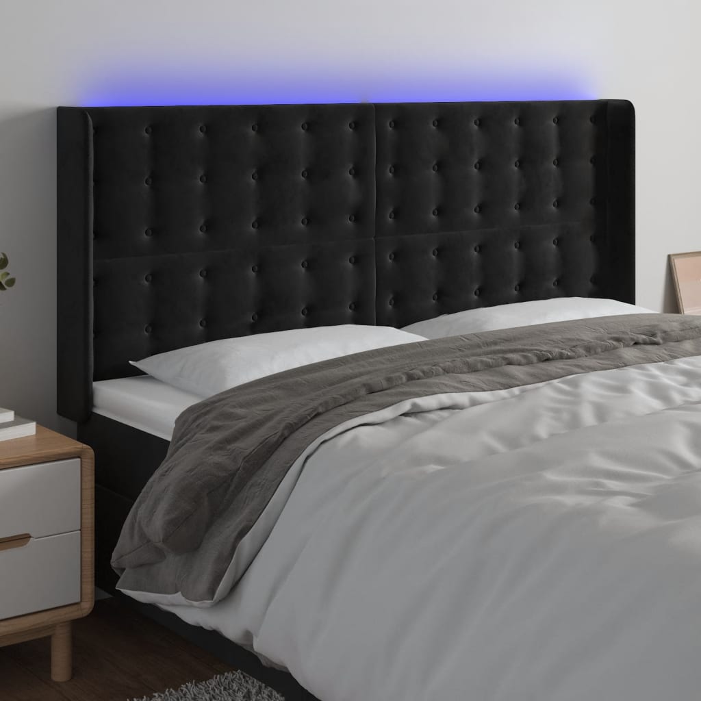 Čelo postele s LED černé 203 x 16 x 118/128 cm samet