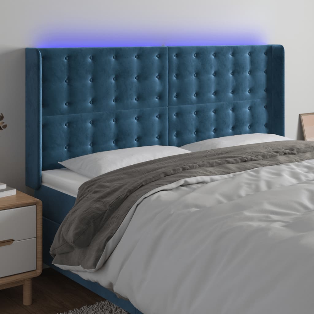 vidaXL Tăblie de pat cu LED, albastru închis, 203x16x118/128cm catifea