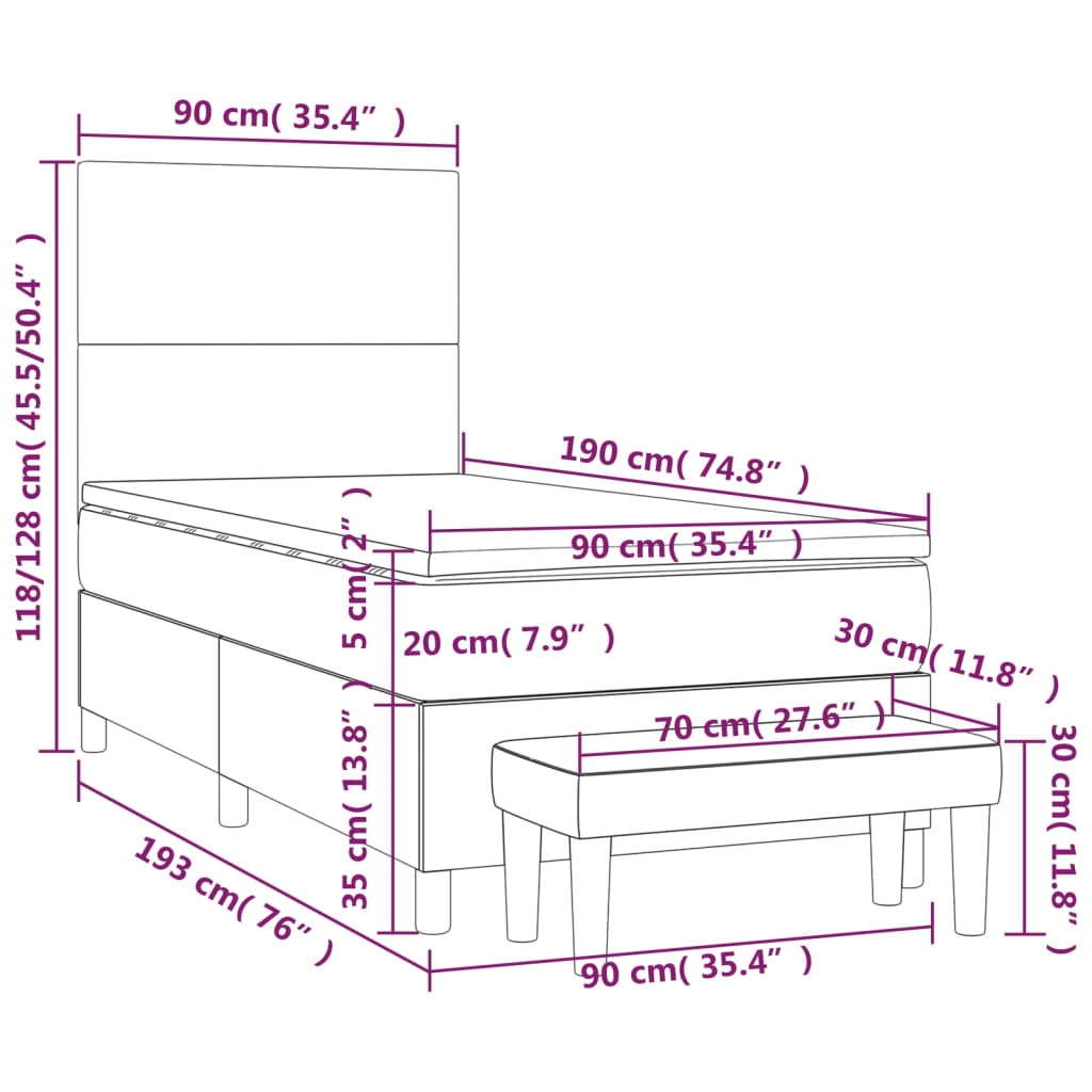 Pat box spring cu saltea, gri închis, 90x190 cm, textil