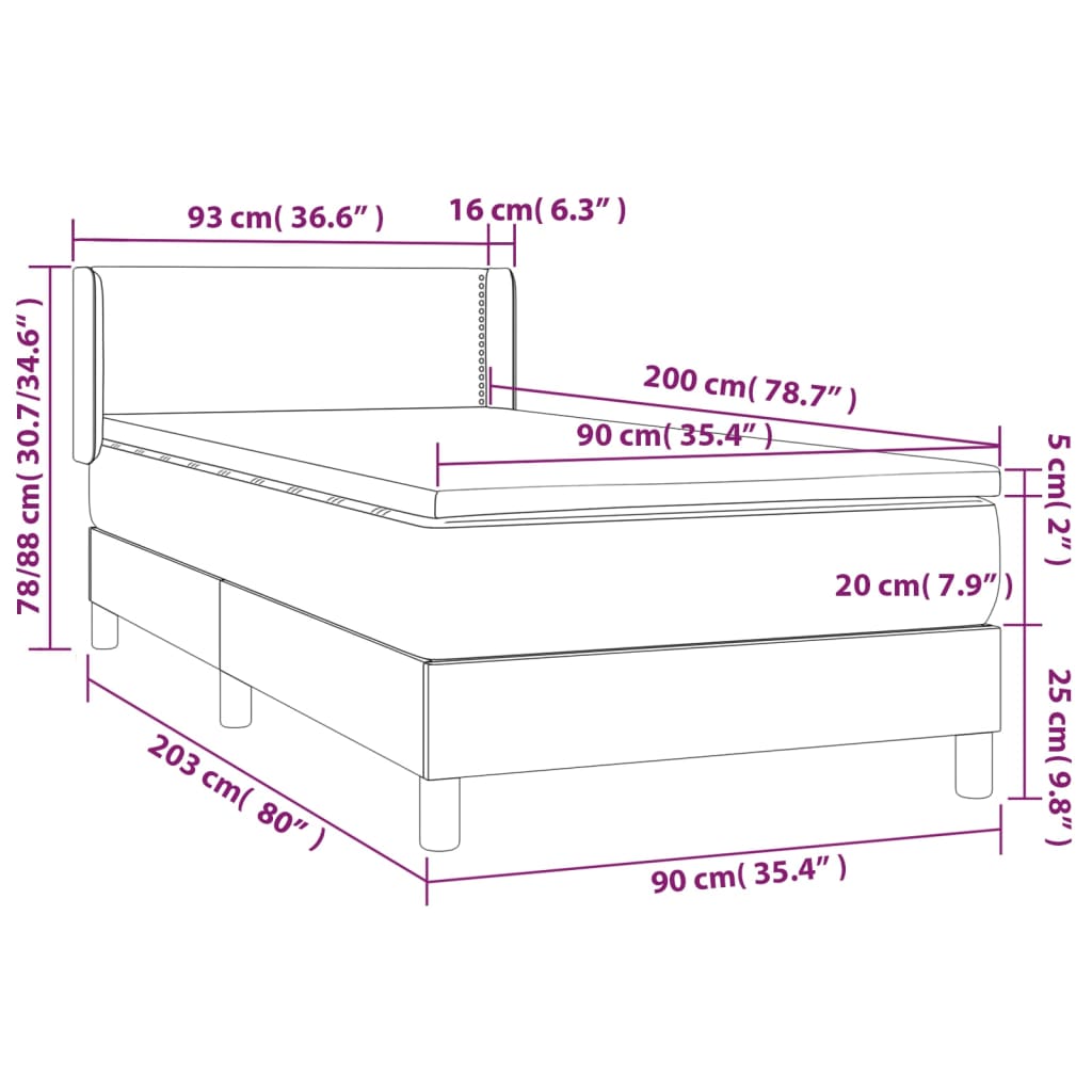 Box spring postel s matrací tmavě hnědá 90x200 cm textil