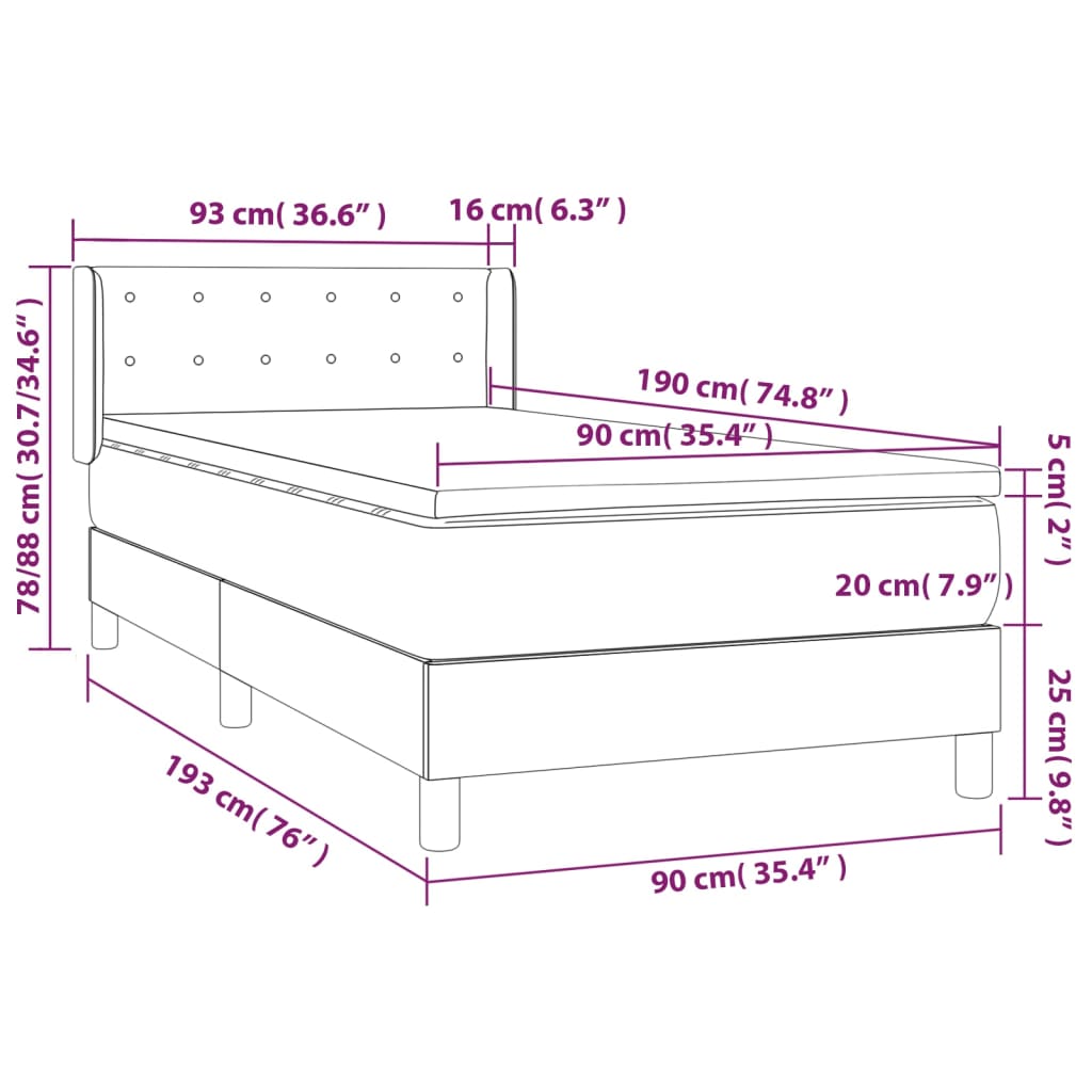 Box spring postel s matrací tmavě hnědá 90x190 cm textil