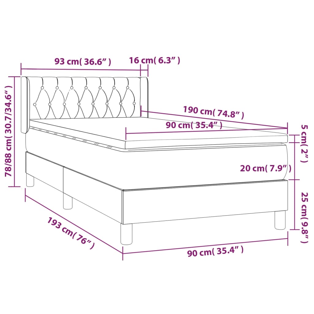 Pat box spring cu saltea, gri deschis, 90x190 cm, textil