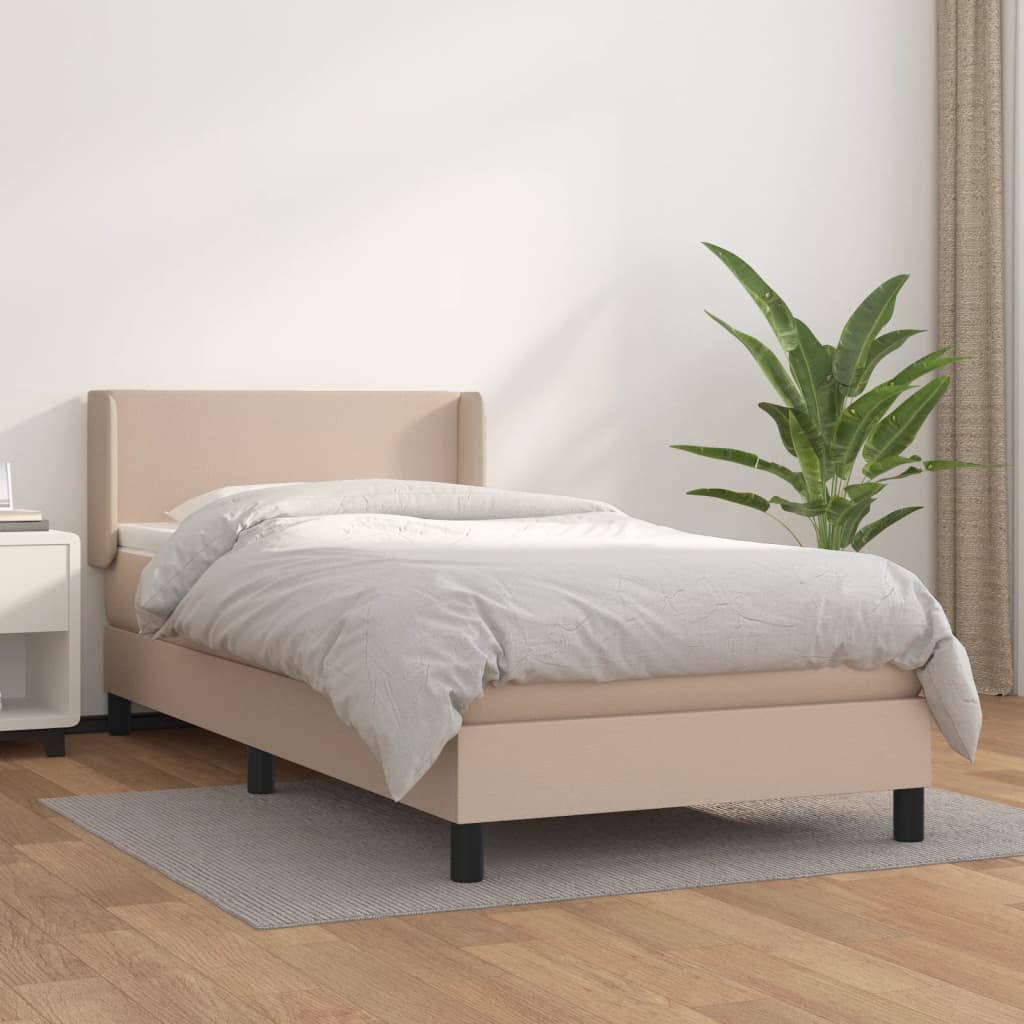 vidaXL Pat box spring cu saltea, cappuccino, 90x190 cm piele ecologică