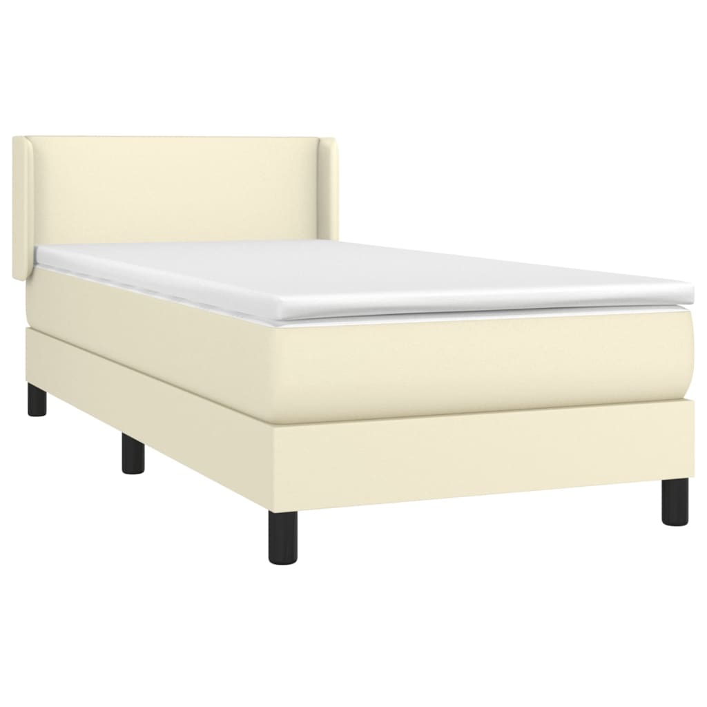 Pat box spring cu saltea, crem, 90x200 cm, piele ecologică