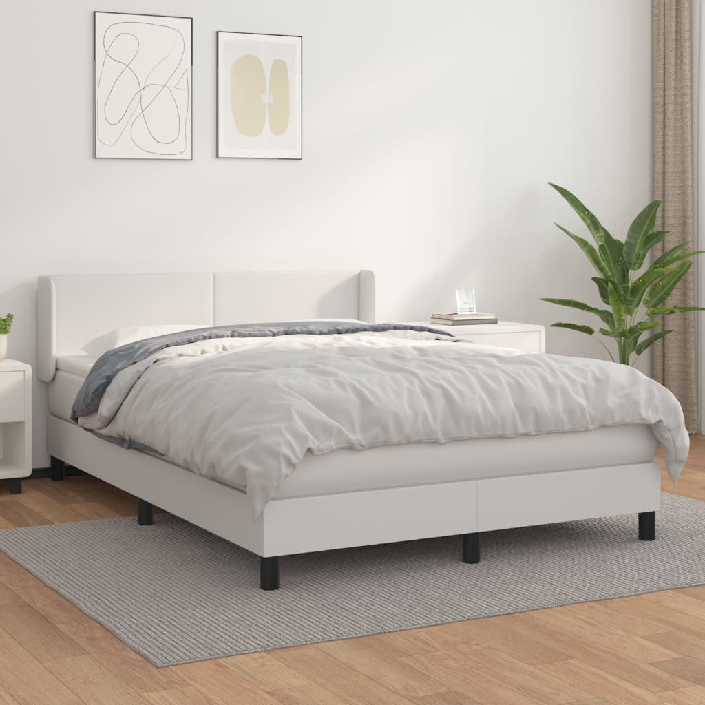 vidaXL Pat box spring cu saltea, alb, 140x190 cm, piele ecologică