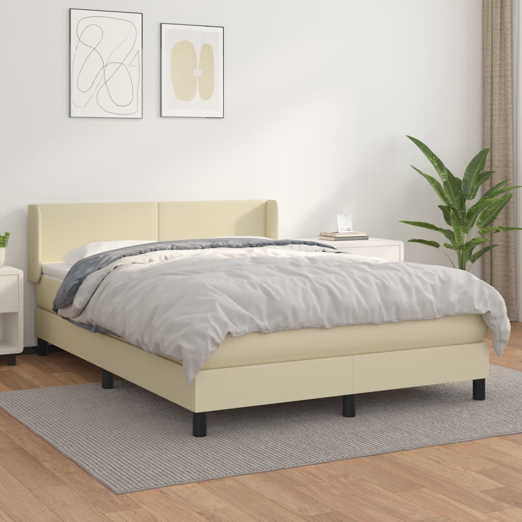 vidaXL Pat box spring cu saltea, crem, 140x200 cm, piele ecologică