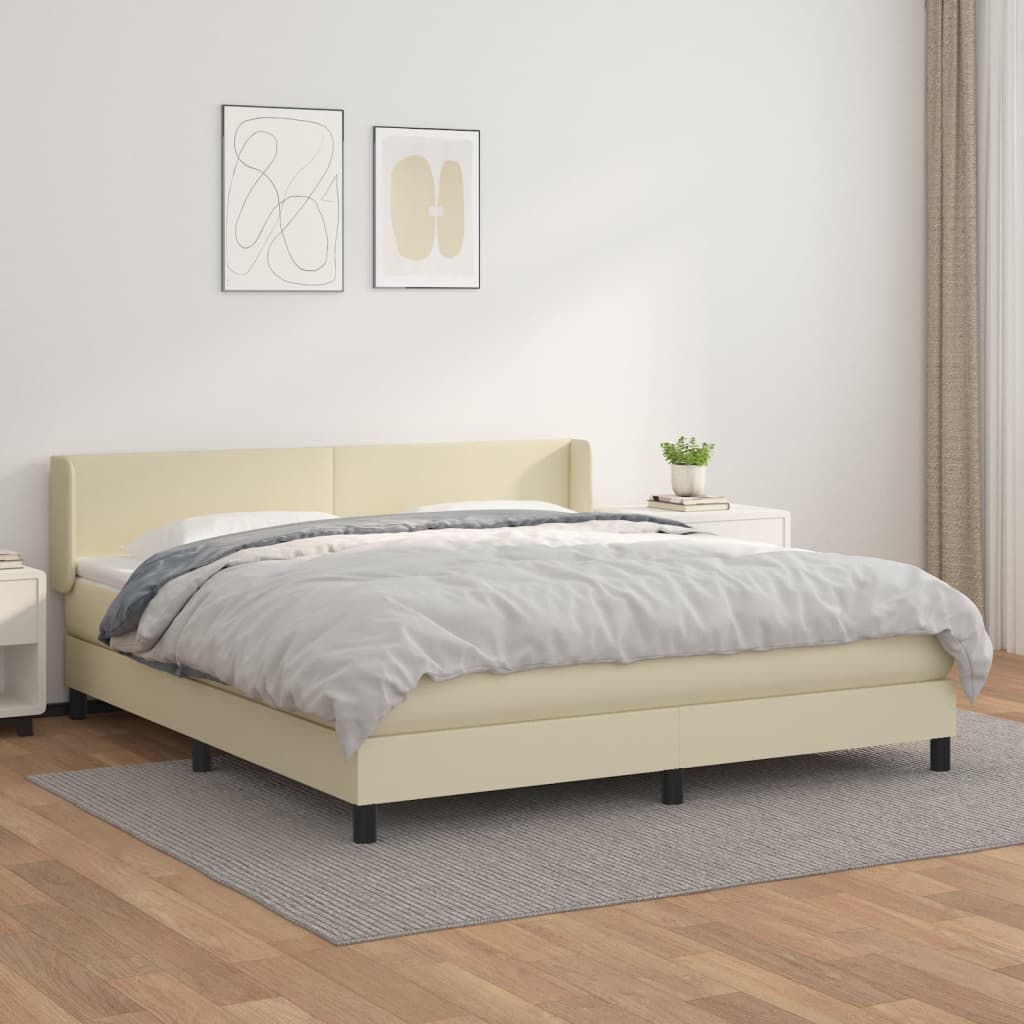vidaXL Pat box spring cu saltea, crem, 160x200 cm, piele ecologică
