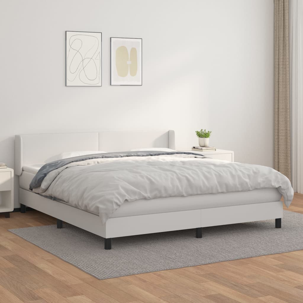vidaXL Pat box spring cu saltea, alb, 180×200 cm, piele ecologică 180x200 imagine noua