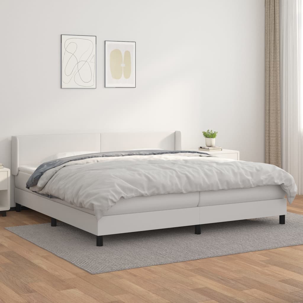 vidaXL Pat box spring cu saltea, alb, 200x200 cm, piele ecologică