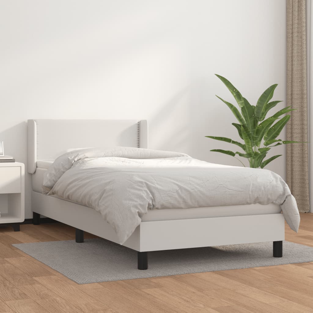 vidaXL Pat box spring cu saltea, alb, 90x190 cm, piele ecologică