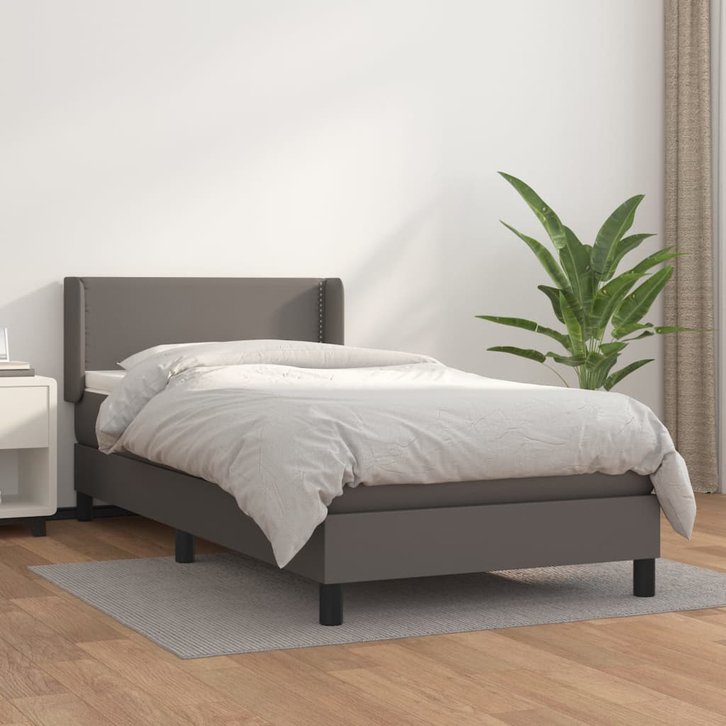 vidaXL Pat box spring cu saltea, gri, 90x190 cm, piele ecologică