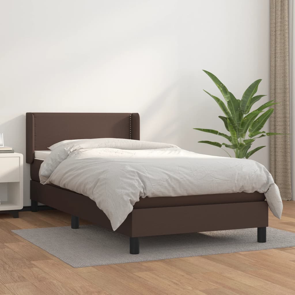 vidaXL Pat box spring cu saltea, maro, 90x200 cm, piele ecologică