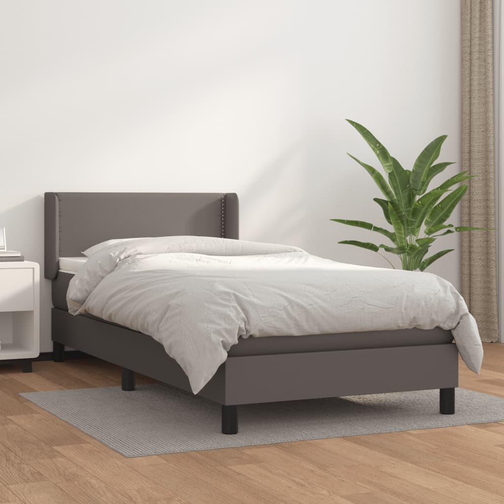 vidaXL Pat box spring cu saltea, gri, 90x200 cm, piele ecologică