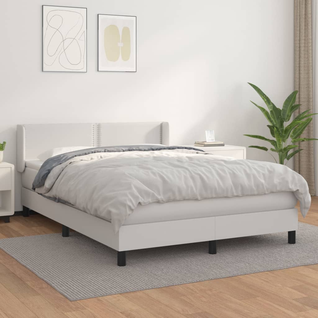 vidaXL Pat box spring cu saltea, alb, 140x190 cm, piele ecologică