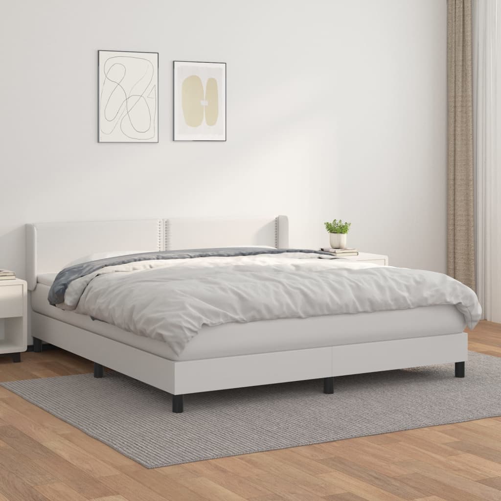 vidaXL Pat box spring cu saltea, alb, 160x200 cm, piele ecologică