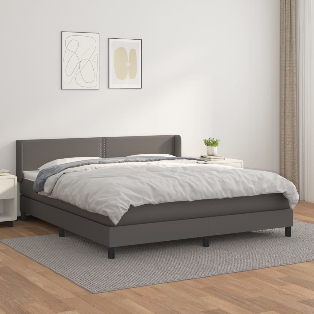 vidaXL Pat box spring cu saltea, gri, 160x200 cm, piele ecologică