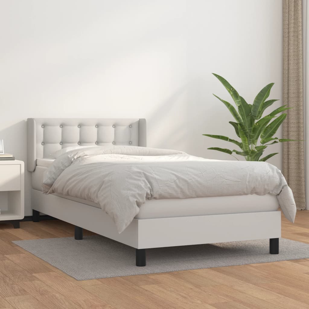 vidaXL Pat box spring cu saltea, alb, 90×190 cm, piele ecologică