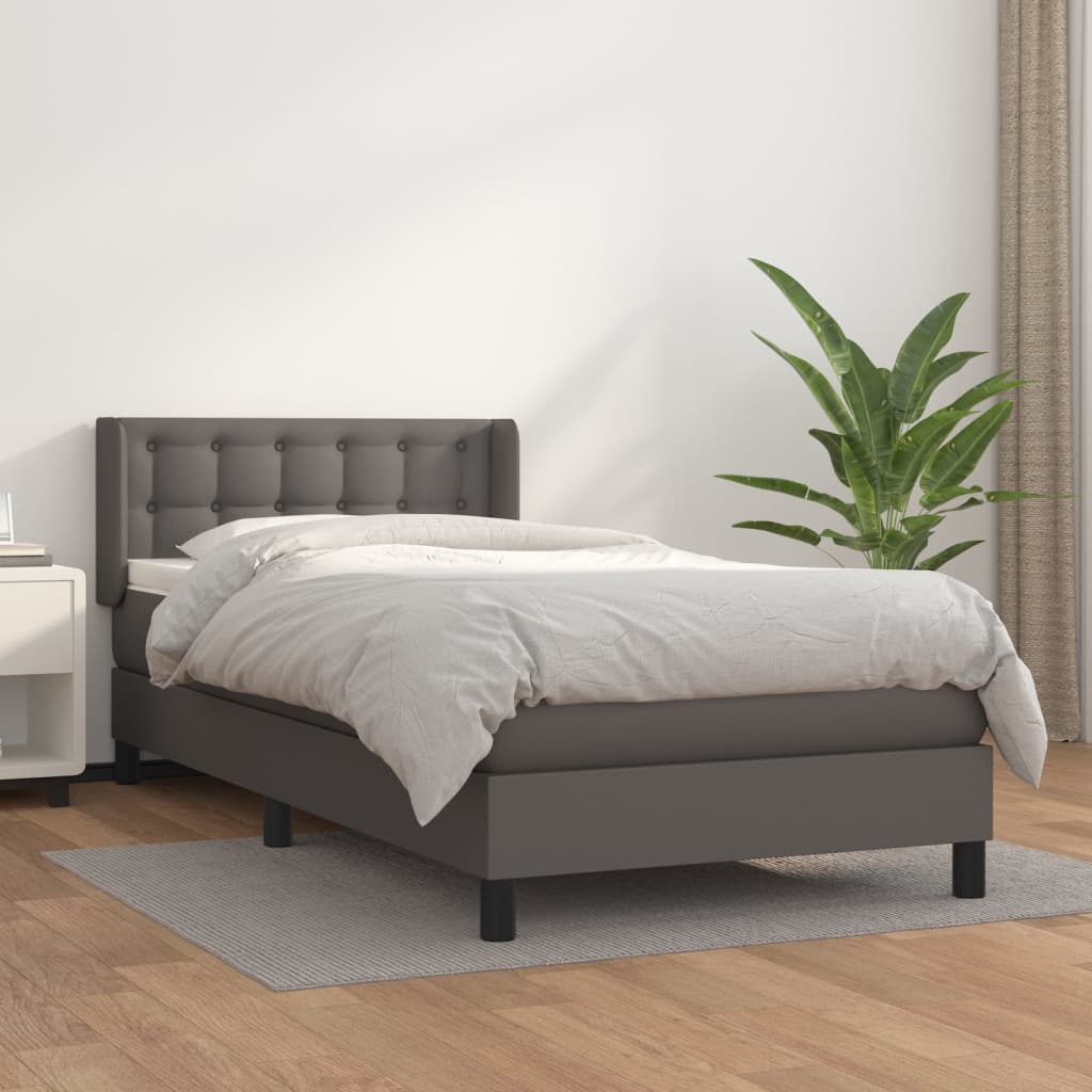 vidaXL Pat box spring cu saltea, gri, 90x190 cm, piele ecologică