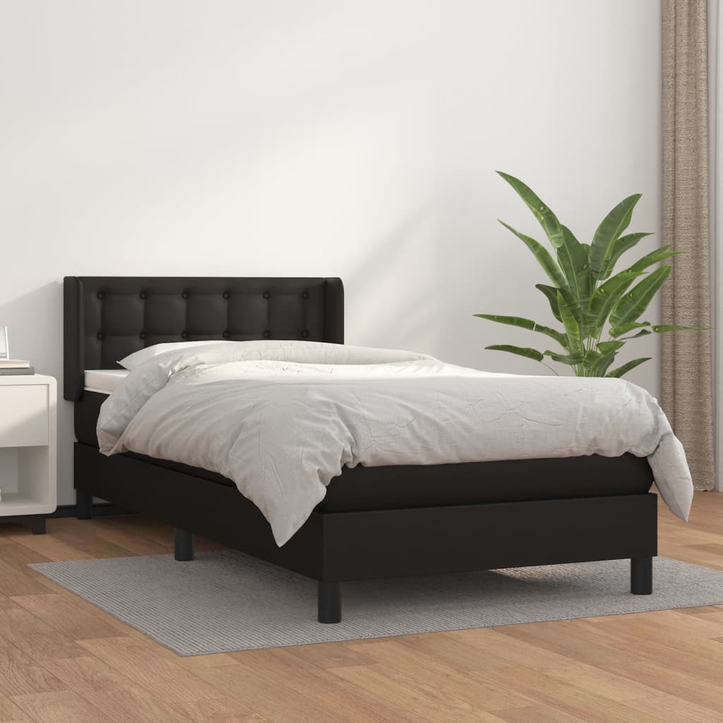 vidaXL Pat box spring cu saltea, negru, 90x200 cm, piele ecologică