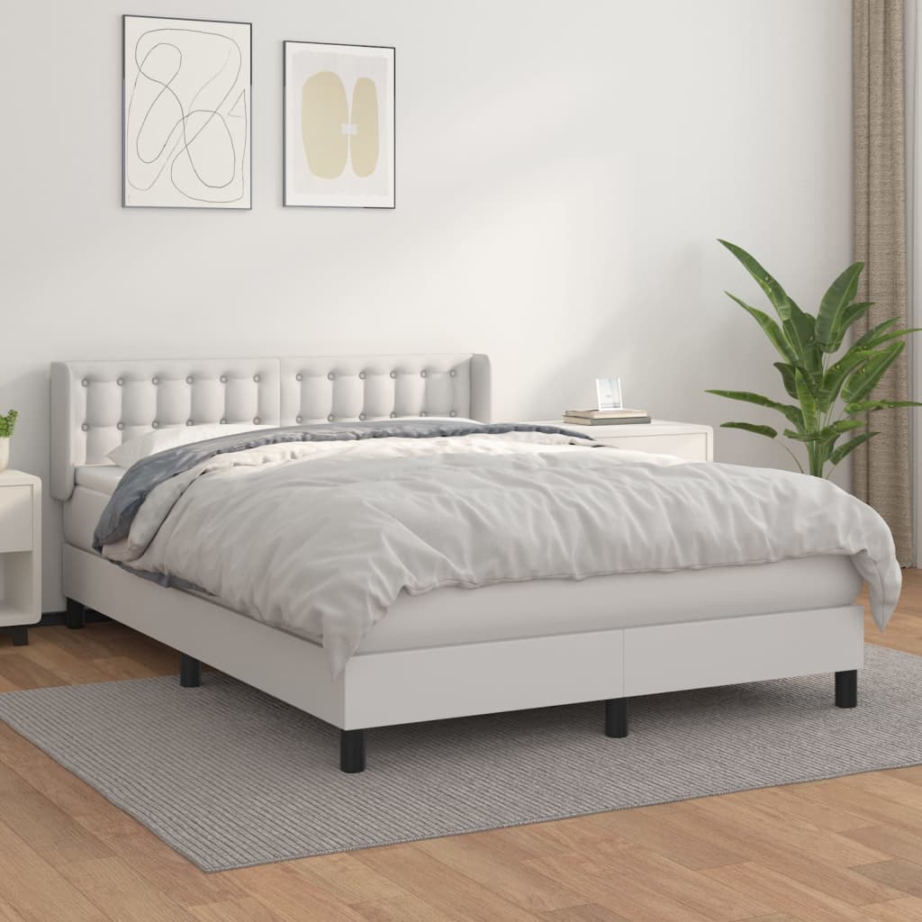 vidaXL Pat box spring cu saltea, alb, 140x190 cm, piele ecologică