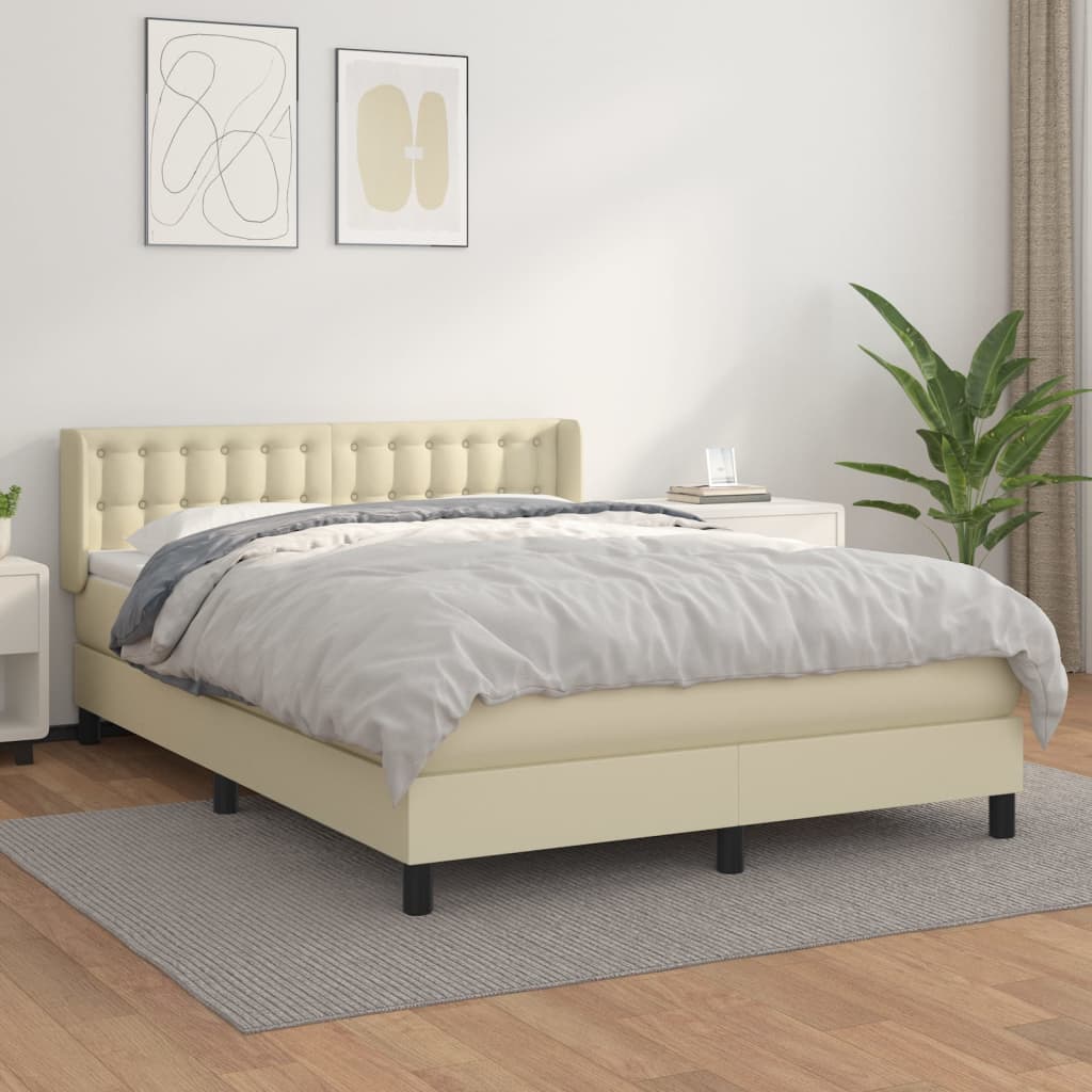 vidaXL Pat box spring cu saltea, crem, 140x190 cm, piele ecologică