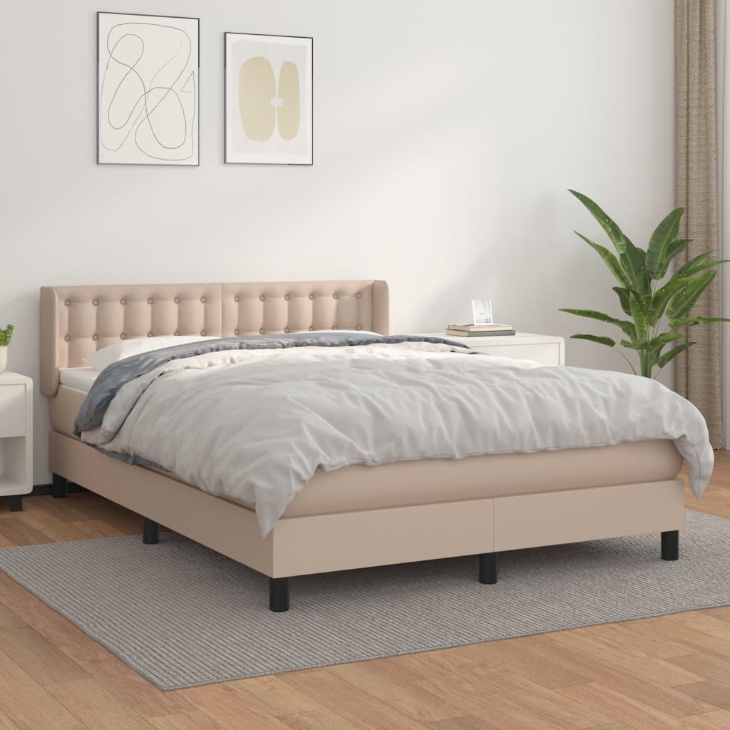 vidaXL Pat box spring cu saltea, cappuccino, 140x190cm piele ecologică