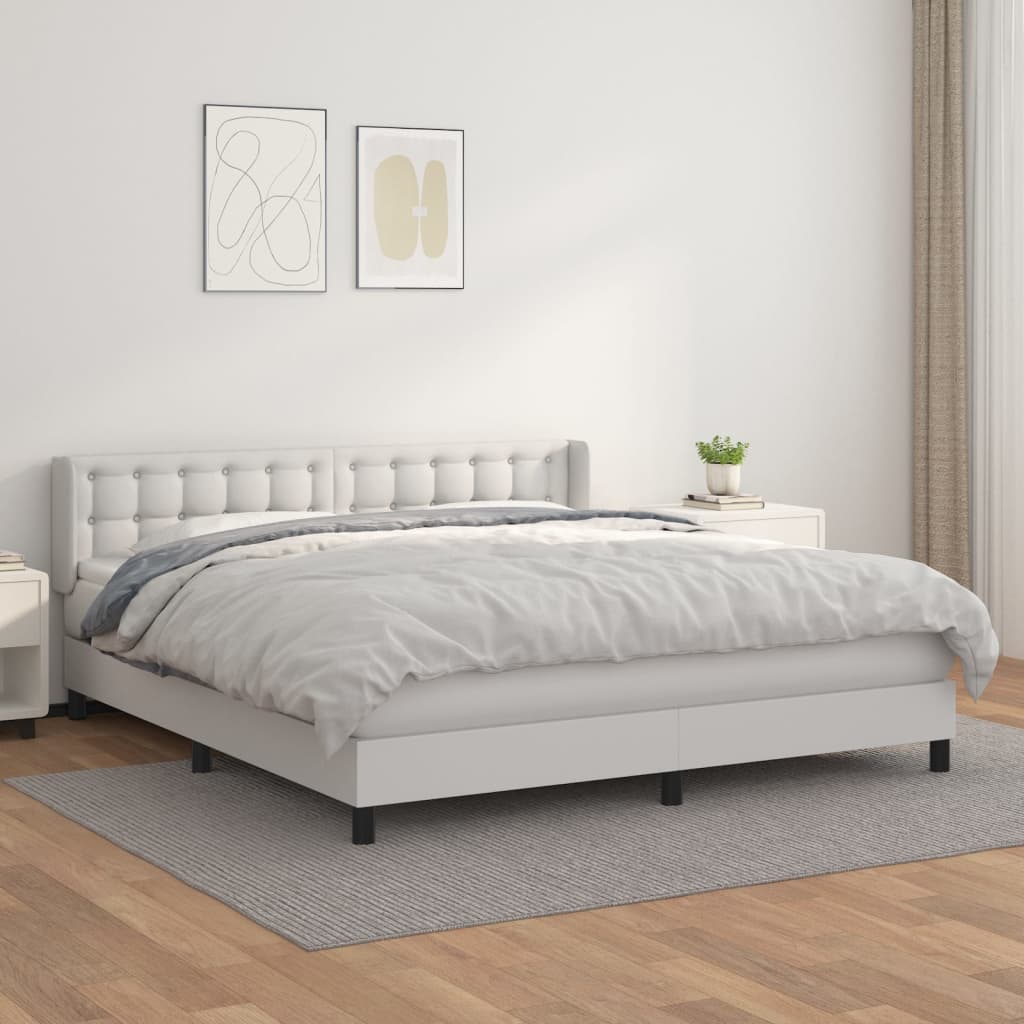 vidaXL Pat box spring cu saltea, alb, 160x200 cm, piele ecologică