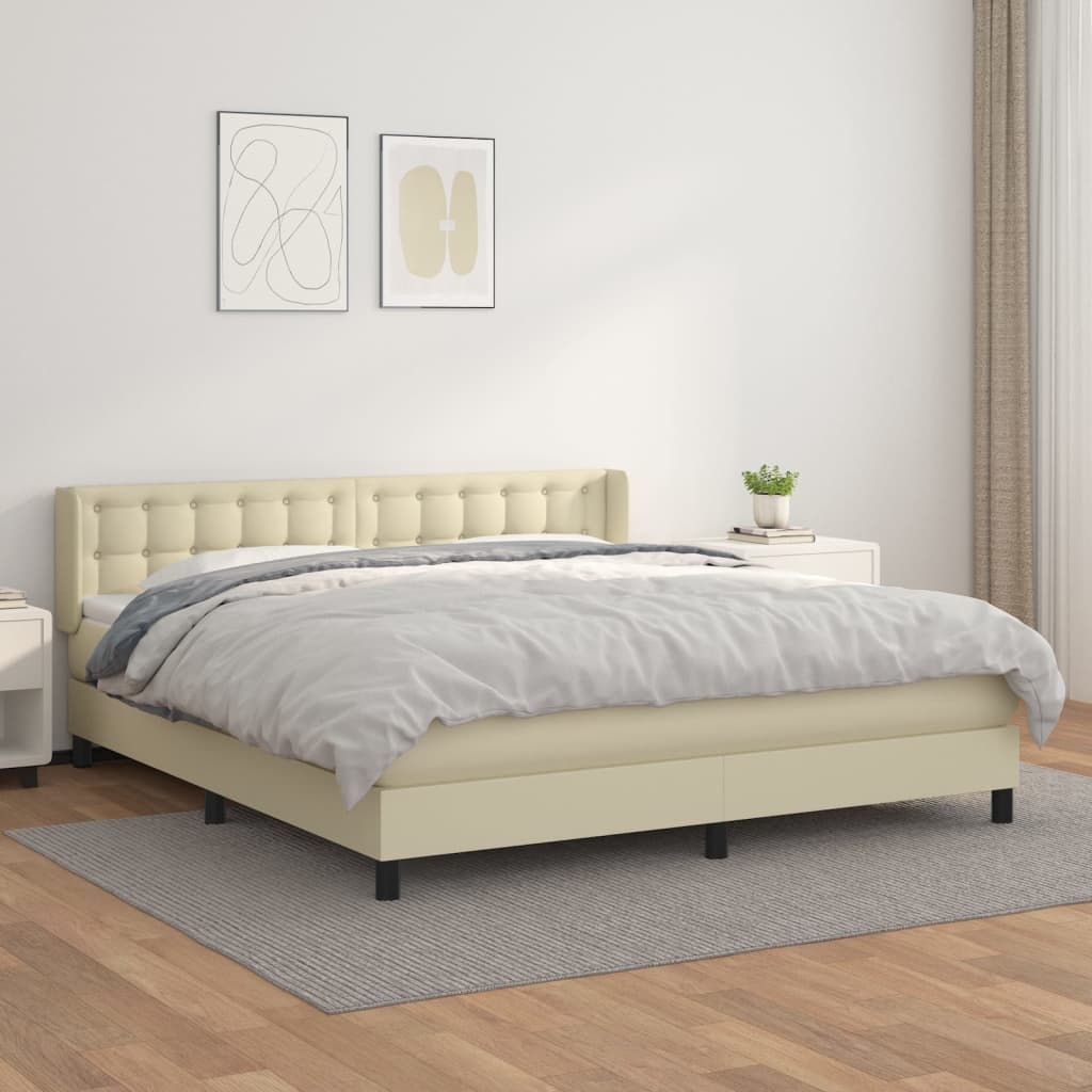 vidaXL Pat box spring cu saltea, crem, 160x200 cm, piele ecologică