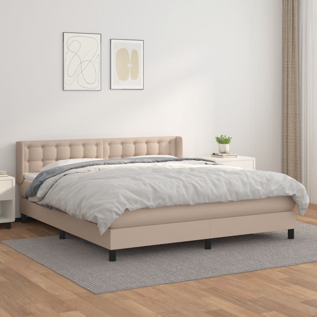 vidaXL Pat box spring cu saltea, cappuccino, 160x200cm piele ecologică