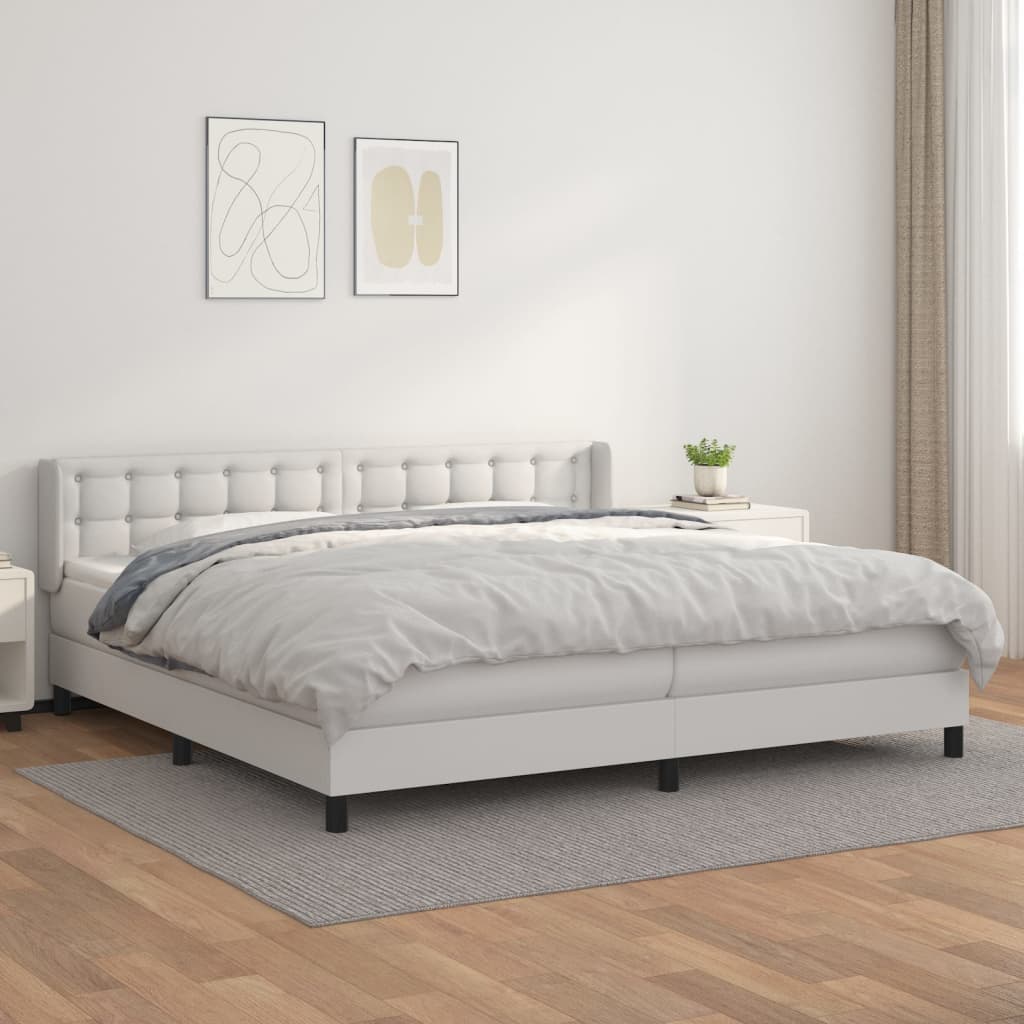 vidaXL Pat box spring cu saltea, alb, 200x200 cm, piele ecologică