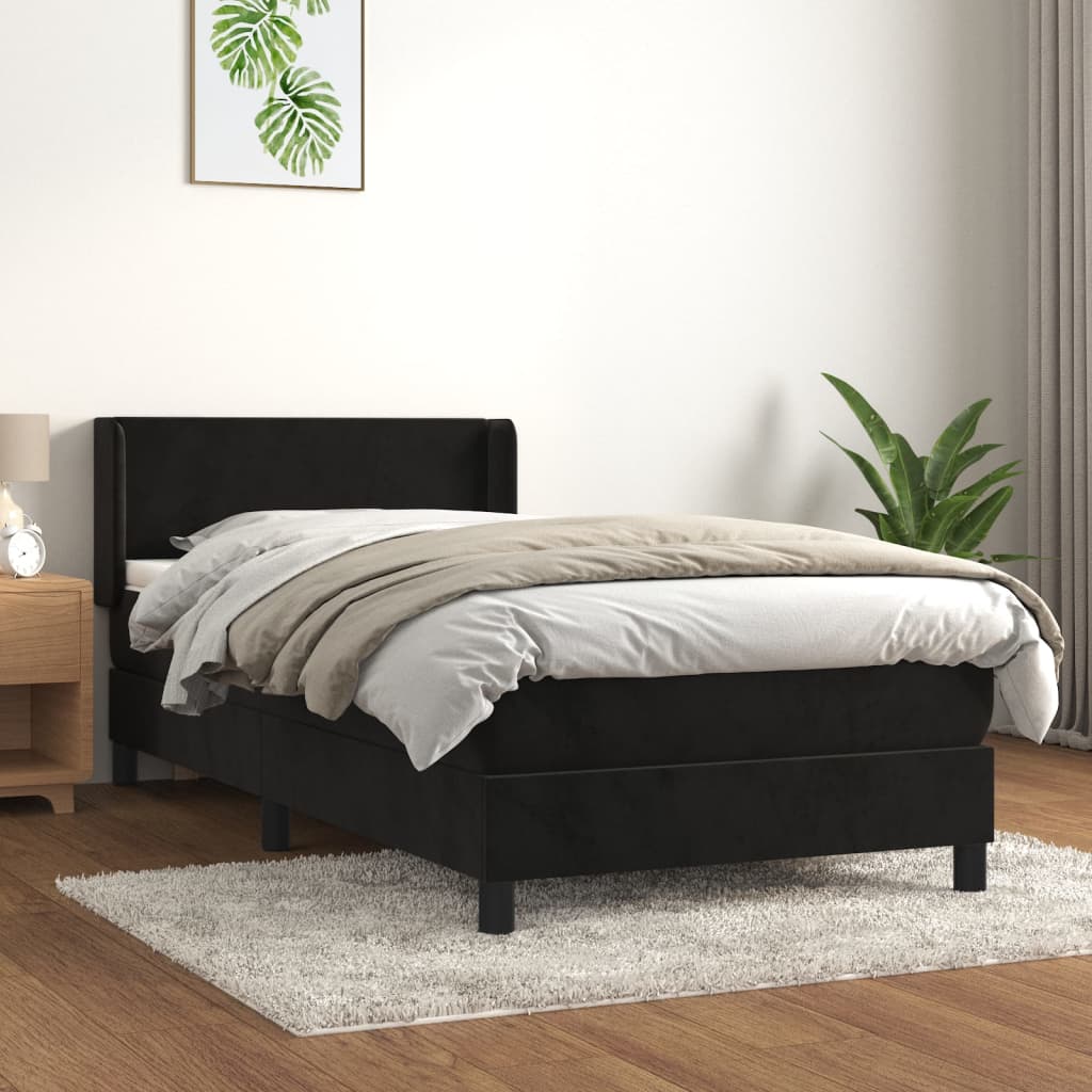 vidaXL Pat box spring cu saltea, negru, 90x200 cm, catifea