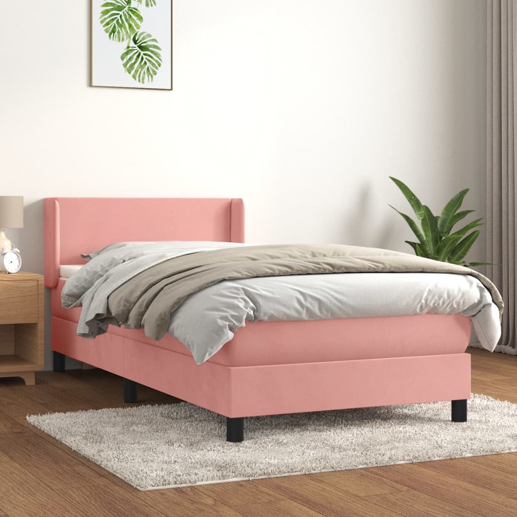 vidaXL Pat box spring cu saltea, roz, 100x200 cm, catifea