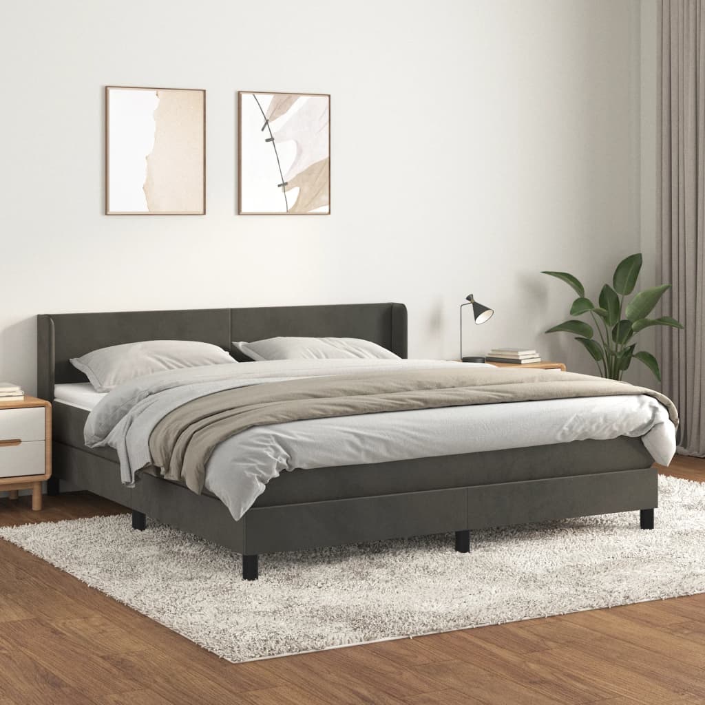 Pat box spring cu saltea, gri închis, 160x200 cm, catifea