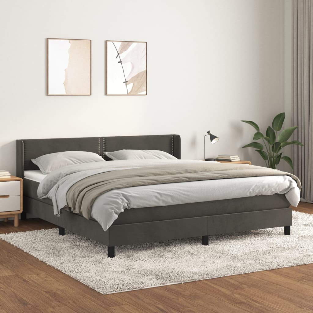 sötétszürke bársony rugós ágy matraccal 160x200 cm