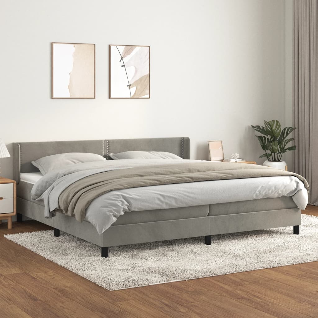atsperu gulta ar matraci, gaiši pelēka samts, 200x200 cm | Stepinfit.lv