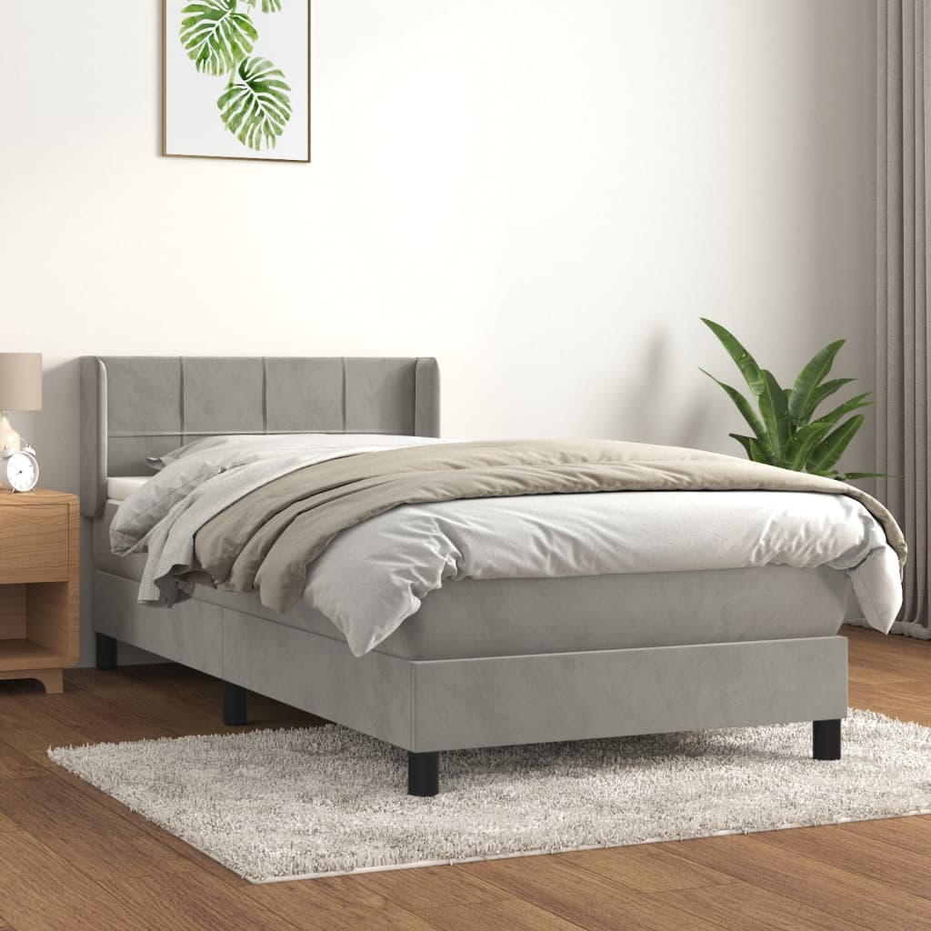 vidaXL Pat box spring cu saltea, gri deschis, 90x200 cm, catifea