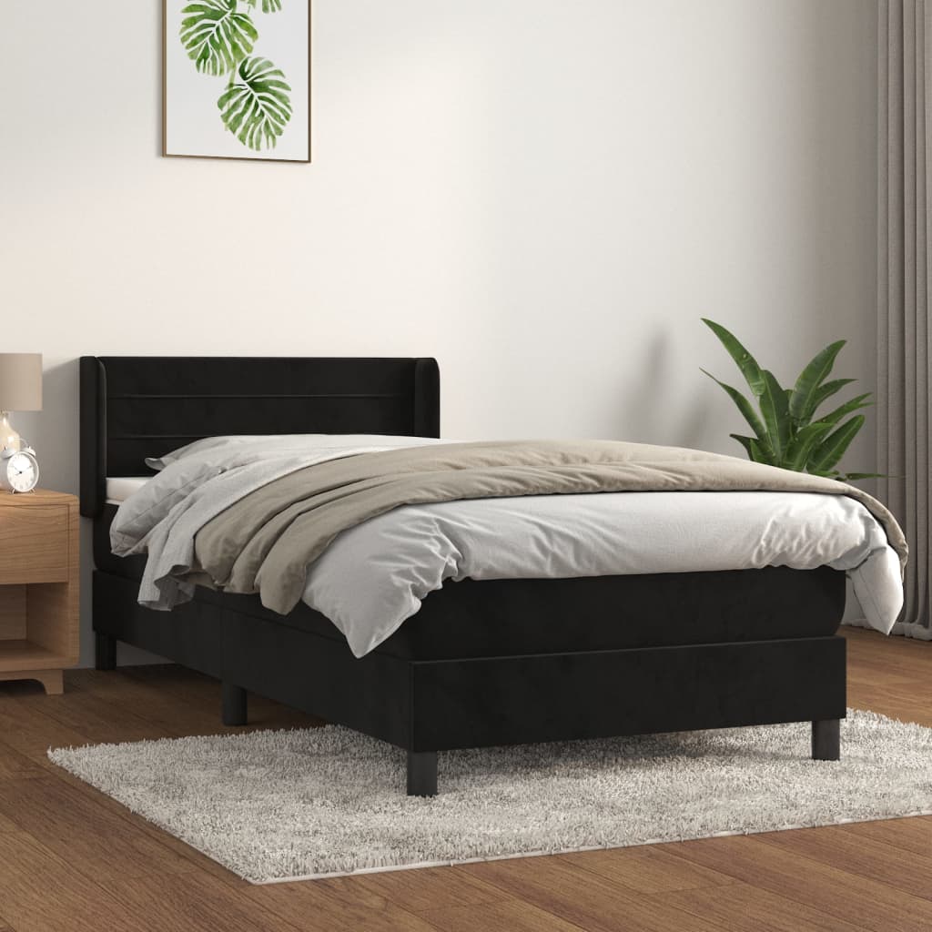 fekete bársony rugós ágy matraccal 80 x 200 cm