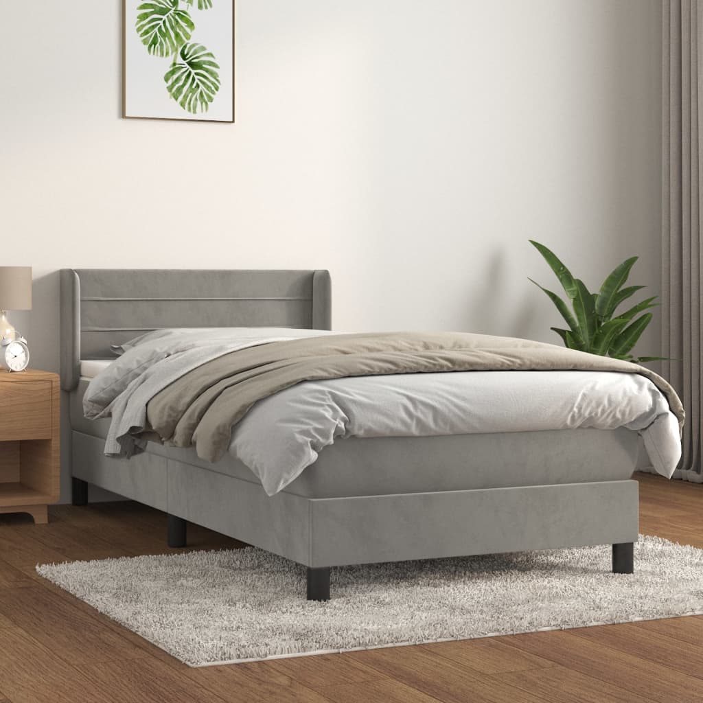 vidaXL Pat box spring cu saltea, gri deschis, 90x190 cm, catifea