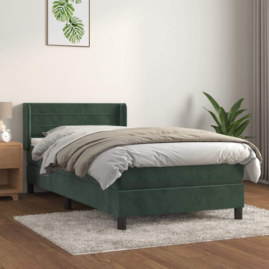 vidaXL Pat box spring cu saltea, verde închis, 90x200 cm, catifea