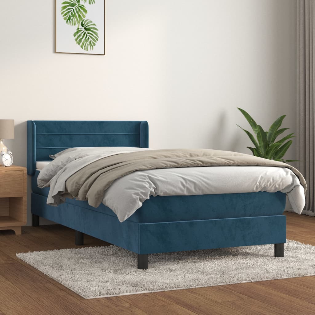 Pat box spring cu saltea, albastru închis, 90x200 cm, catifea