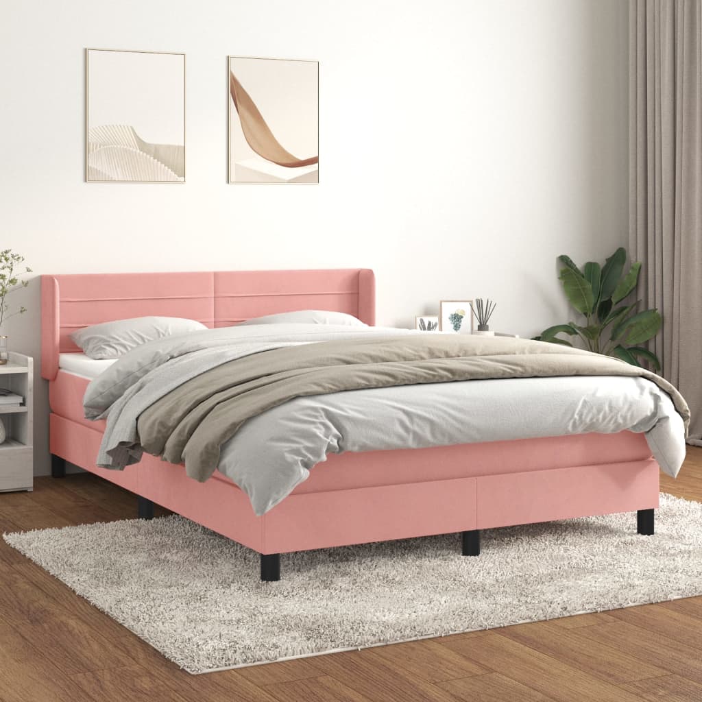 vidaXL Pat box spring cu saltea, roz, 140x200 cm, catifea