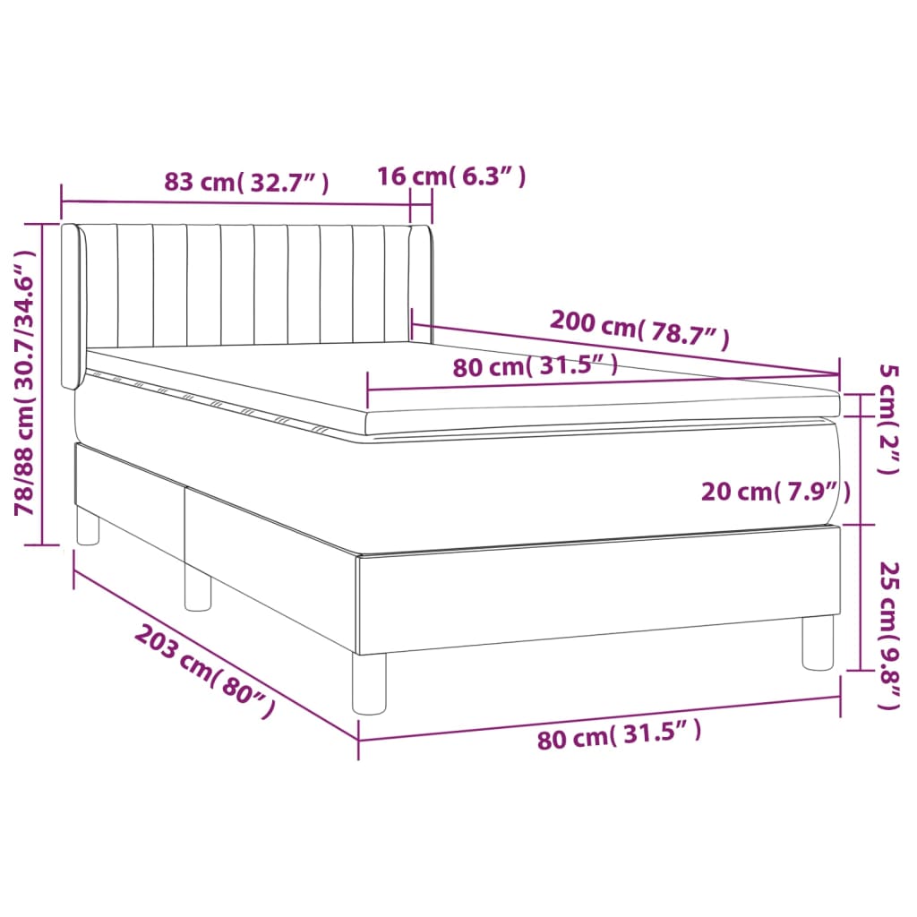 Pat box spring cu saltea, albastru închis, 80x200 cm, catifea