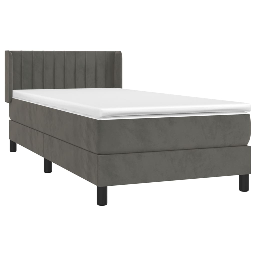 Pat box spring cu saltea, gri închis, 90x190 cm, catifea