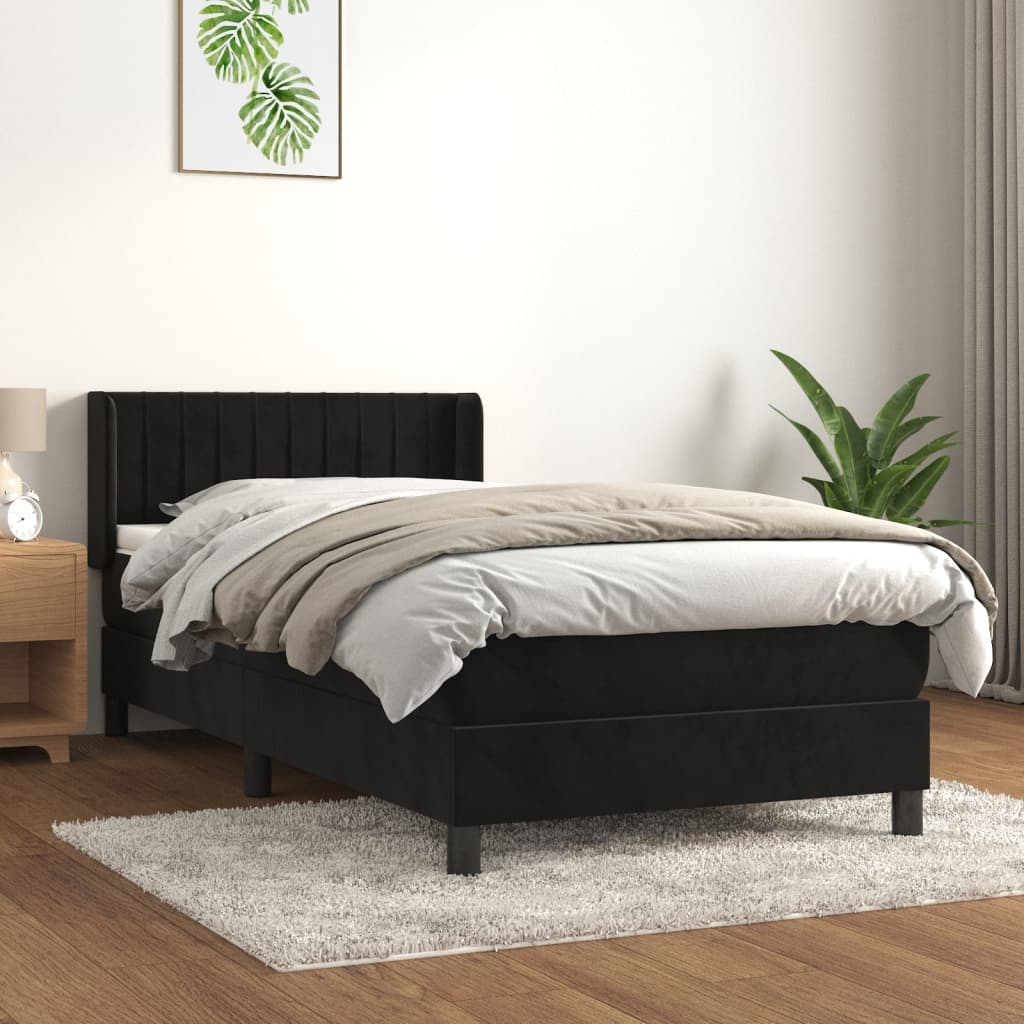 fekete bársony rugós ágy matraccal 90 x 200 cm