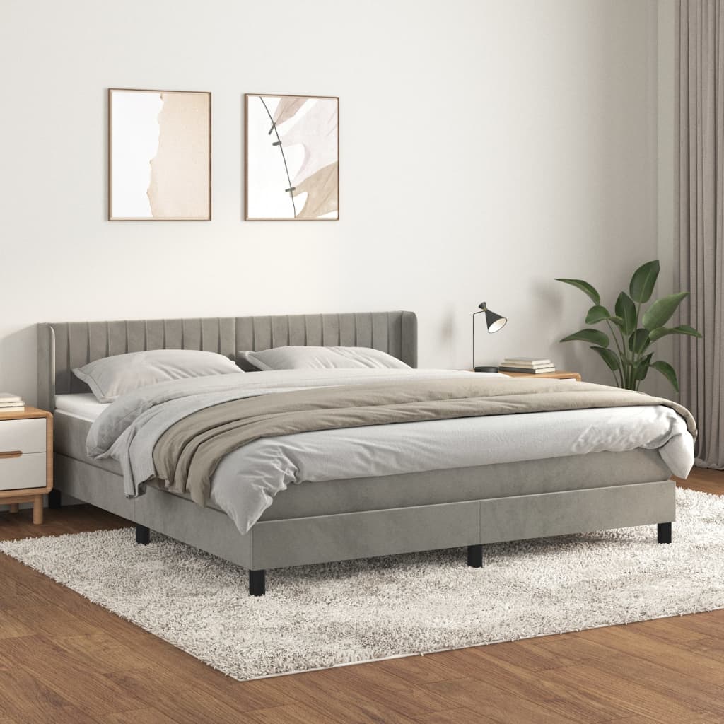 vidaXL Pat box spring cu saltea, gri deschis, 160×200 cm, catifea 160x200